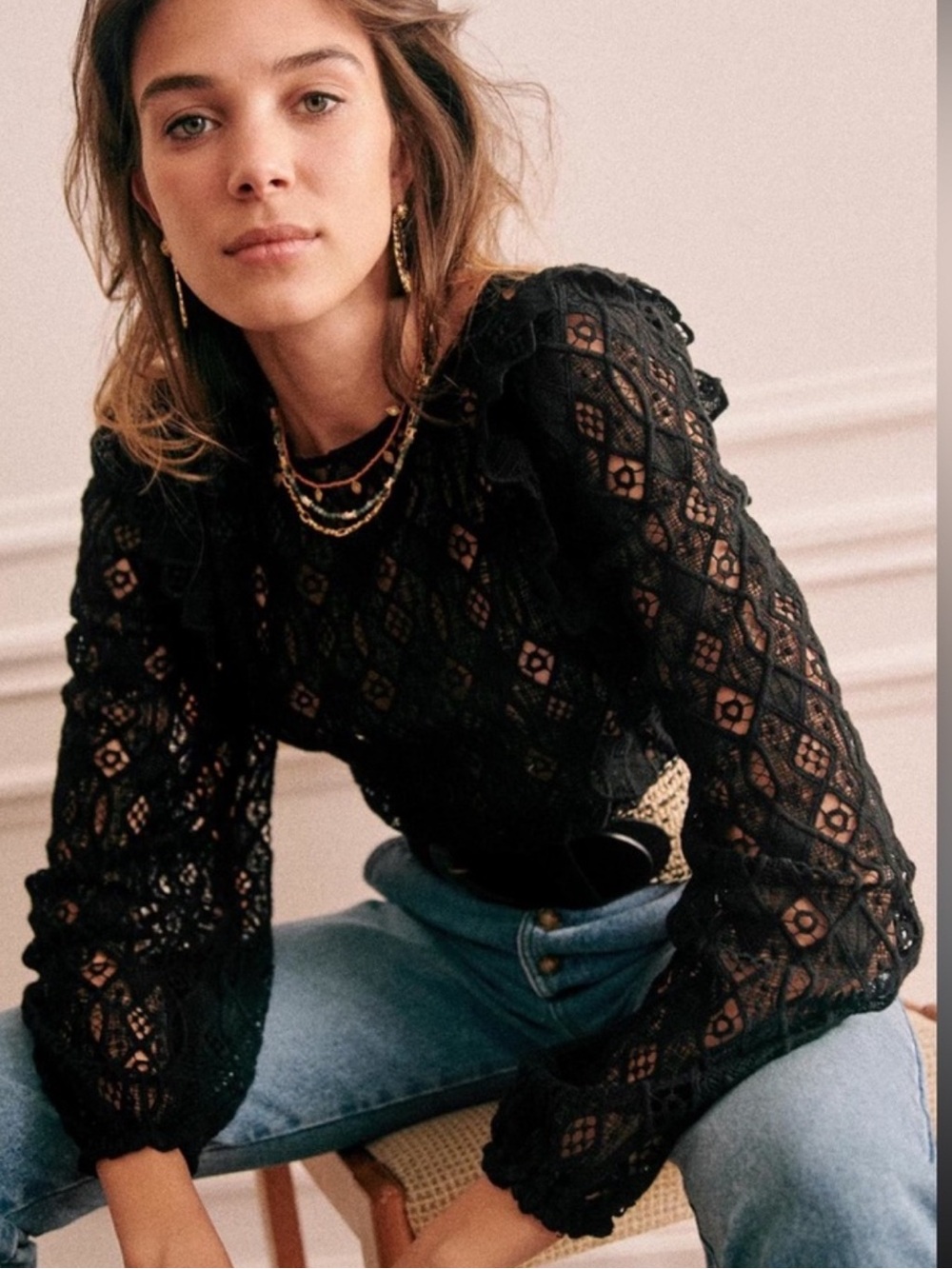 Sezane Salina Black Lace Blouse Top Size 38 US 6
